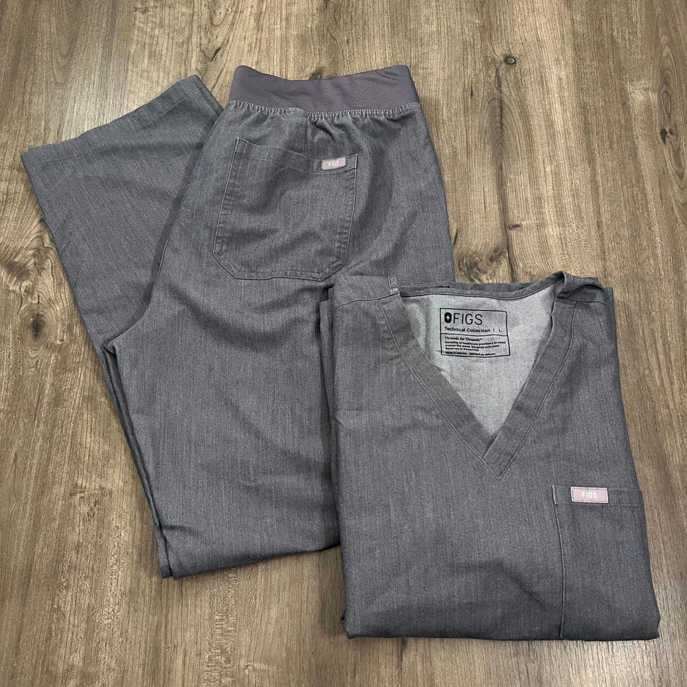 FIGS Scrub Set Gray Catarina Top and Livingston Straight Leg Pants Womens Large